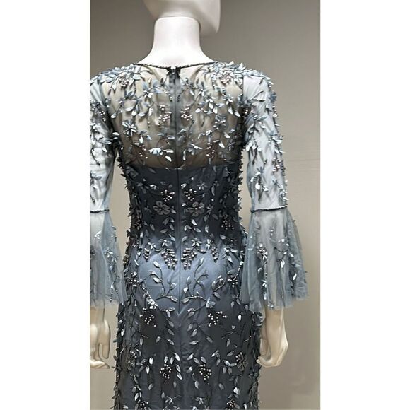 Theia Flounce Sleeve 3-D Embroidered and Beaded  Dusty Blue Gown Size 2 - Picture 14 of 14